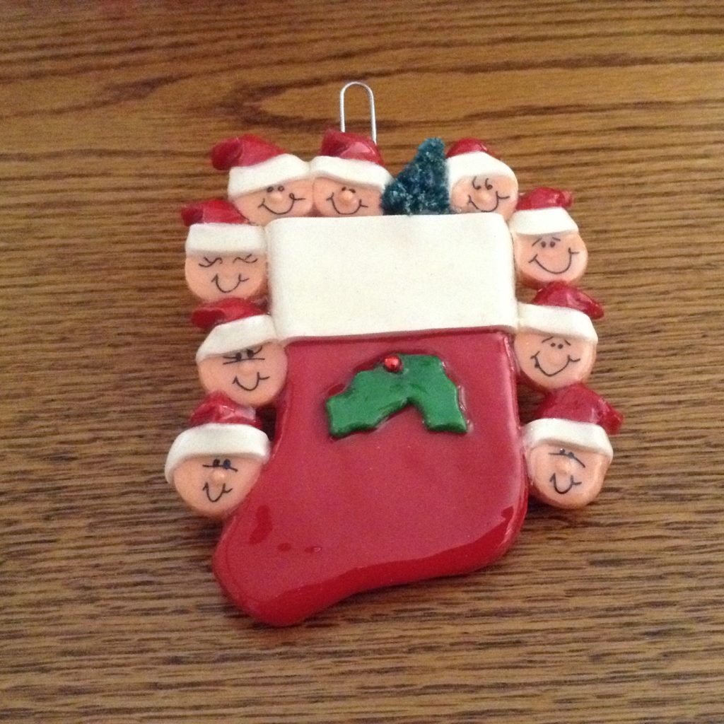 A christmas ornament with faces in it.