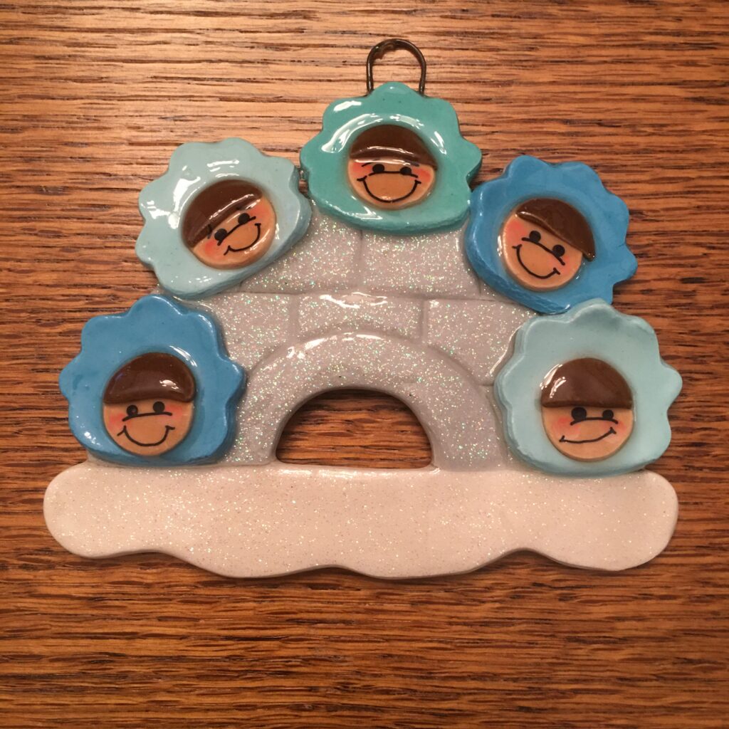 A christmas ornament with faces on it.
